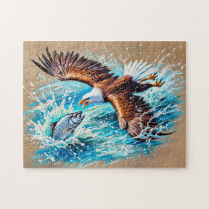 Adler, der über den Fluss fliegt und für Lachs Pas