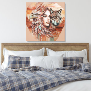 Adler - Frau - Wolf - Aquarellkunst 1 - Fan Fun Leinwanddruck