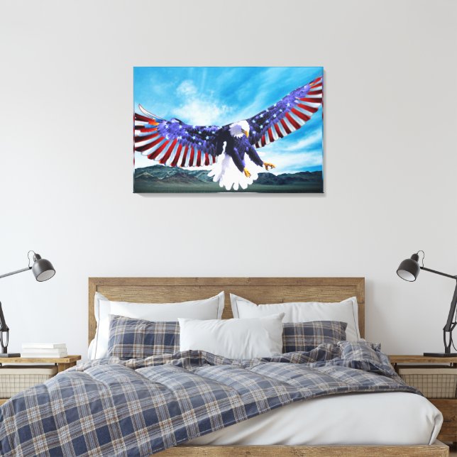 Adler mit amerikanischer Flagge am Himmel Leinwanddruck (Insitu (Schlafzimmer))