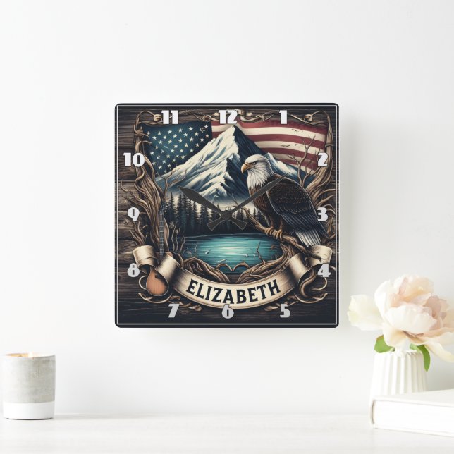 Adler mit Berg und Flagge Quadratische Wanduhr (Zuhause)