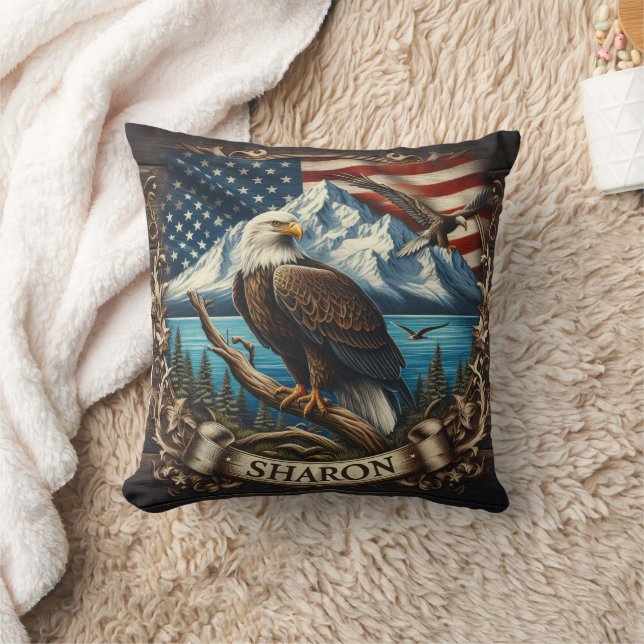 Adler mit Bergen und Flagge Kissen (Decke)