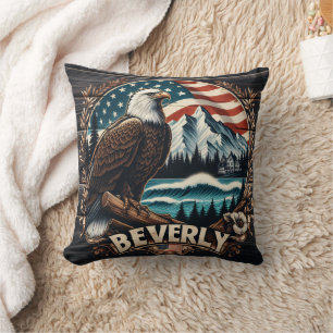 Adler mit Bergen und Flaggenhintergrund Kissen