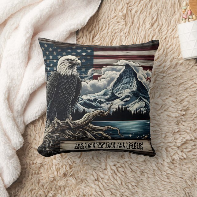 Adler mit Bergen und Flaggenhintergrund Kissen (Decke)