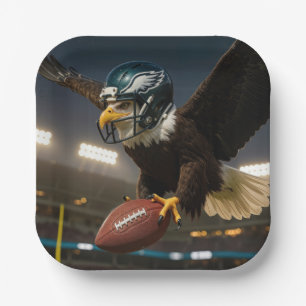 Adler mit Fußball und Helm im Stadion Pappteller