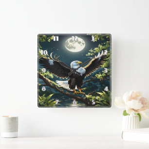Adler Spread Flügel auf Zweig unter Mondlicht Quadratische Wanduhr