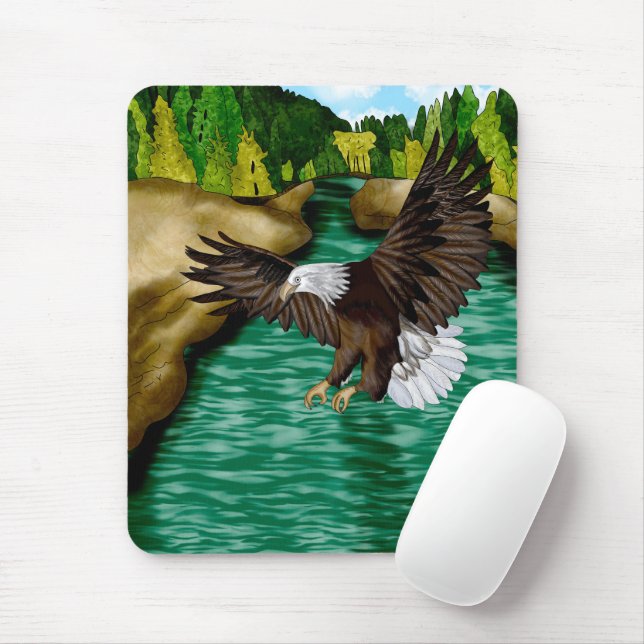 Adler über dem Fluss in den Bergen fliegen Mousepad (Mit Mouse)