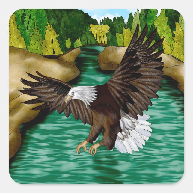 Adler über dem Fluss in den Bergen fliegen Quadratischer Aufkleber (Vorderseite)