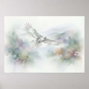 Adler über nebligen Highland-Schlössern Aquarell P Poster