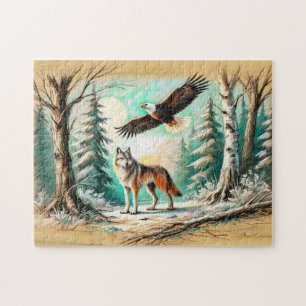 Adler und Wolf im Wald - Pastellkreidezeichnung