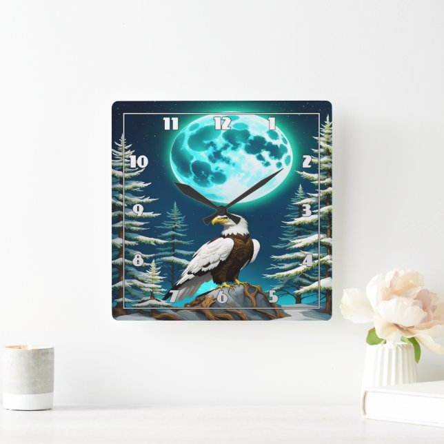 Adler unter dem Mondlichter Winterhimmel Quadratische Wanduhr (Zuhause)