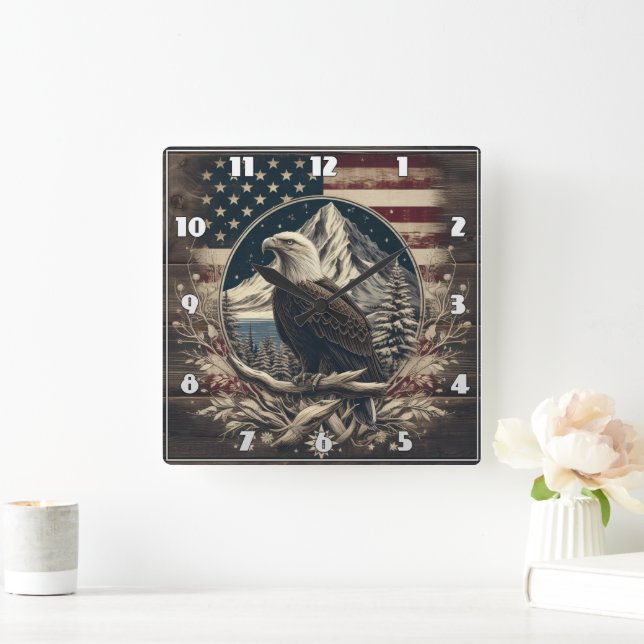 Adler von Bergen und Flagge Quadratische Wanduhr (Zuhause)