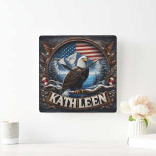 Adler von Bergen und Flagge Quadratische Wanduhr