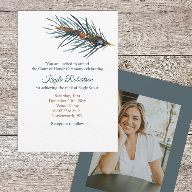 Adleraufseher, Ehrengericht, Kiefernnadeln Einladung (Eagle scout court of honor party invitation, watercolor pine needles)