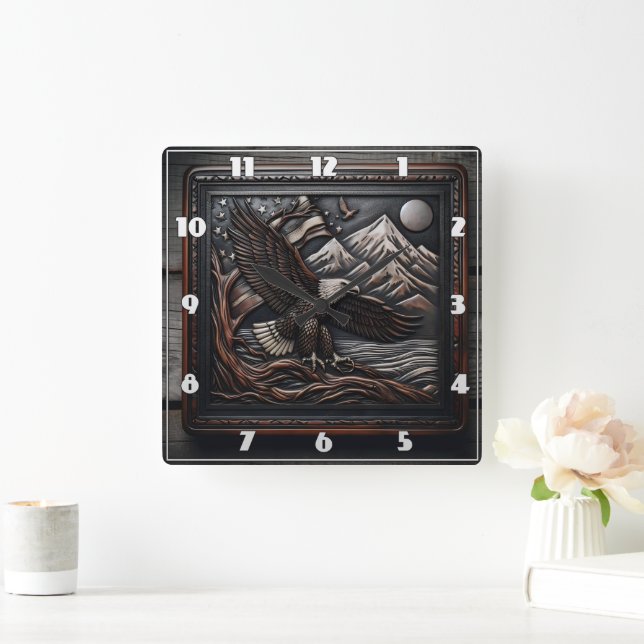 Adlerskulptur mit Fahnen- und Bergbau Quadratische Wanduhr (Zuhause)