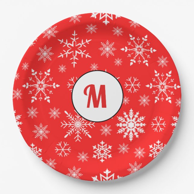 Adlige mit Monogramm Schneeflocken rot niedlich Pappteller (Vorderseite)