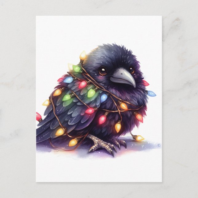Adlige Raven mit Weihnachtsbeleuchtung Postkarte (Vorderseite)