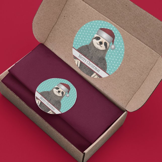 Adlige Weihnachtsmilch Aquamariner Name Kinder Tie Runder Aufkleber (Adorable Christmas sloth stickers.)