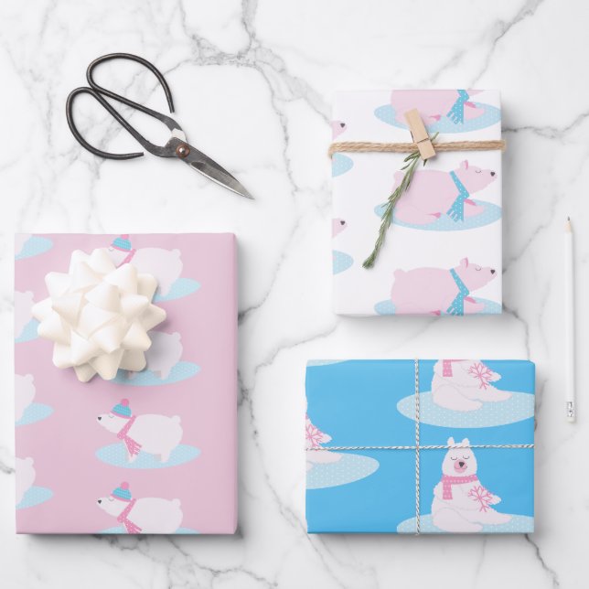 Adlige Weihnachtspolar Fluffy Bears Schneeflocken Geschenkpapier Set (Vorderseite)