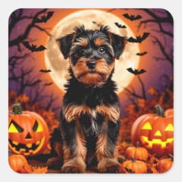 Adlige Welpe mit Halloween-Hintergrund Quadratischer Aufkleber