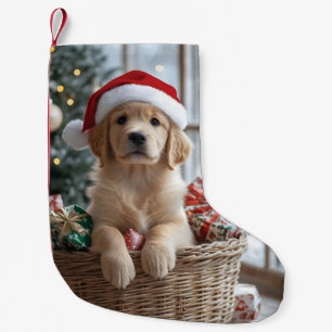 Adlige Welpe mit Weihnachtsmannmütze im Korb Kleiner Weihnachtsstrumpf
