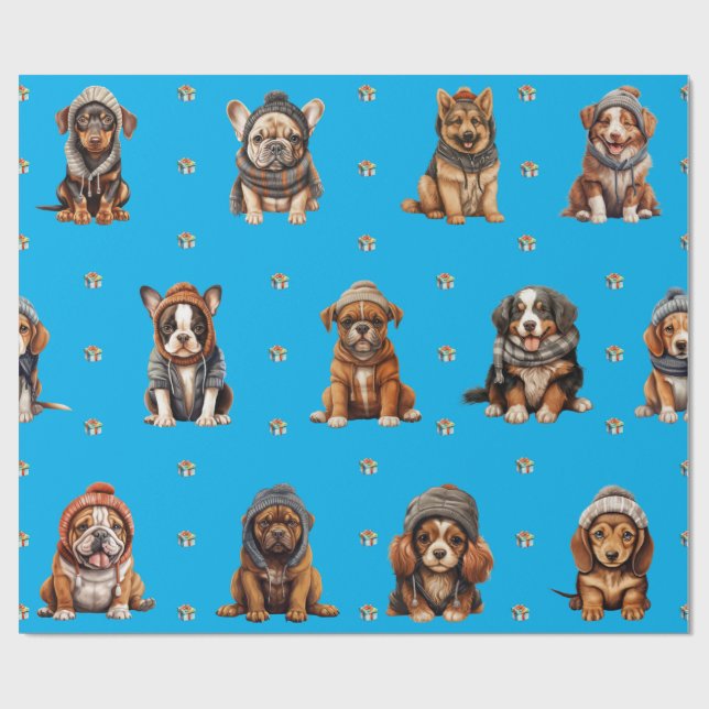 Adlige Welpen 1 Weihnachtsfeiertag auf blau Geschenkpapier (Flach)