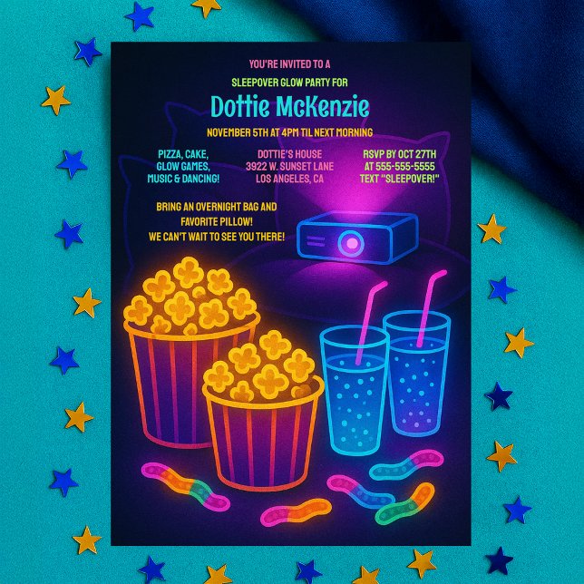 Adolescent Sleepover Glow Party Movie Invitation (Cute Teenage Sleepover Glow Party Movie Invitation)