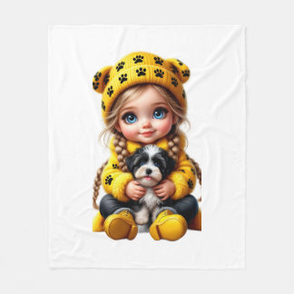 ADOM Cute Girl and Puppy Kids Blanket Fleecedecke