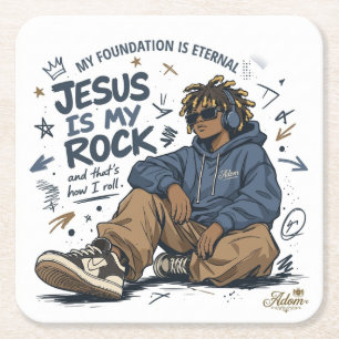 ADOM "Jesus Is My Rock" Damen T-Shirt Rechteckiger Pappuntersetzer