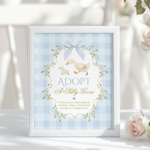 Adoptiere eine alberne Gans Blau Gingham 1. Geburt Poster