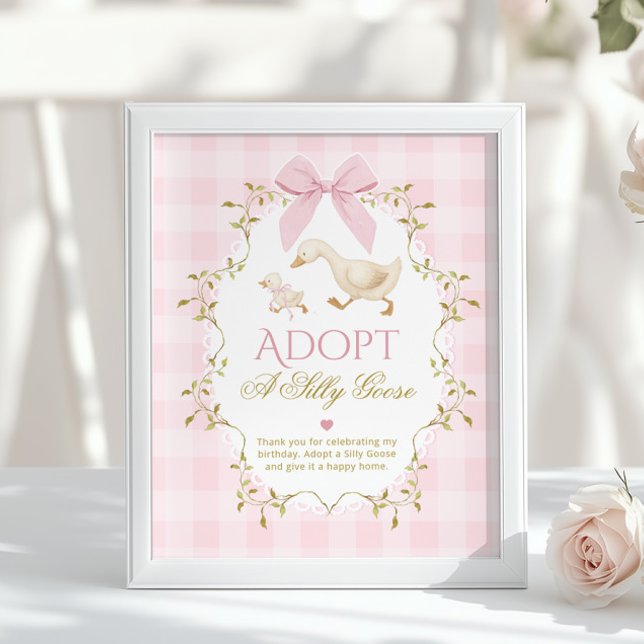 Adoptiere eine alberne Gans Pink Gingham 1. Geburt Poster (Von Creator hochgeladen)