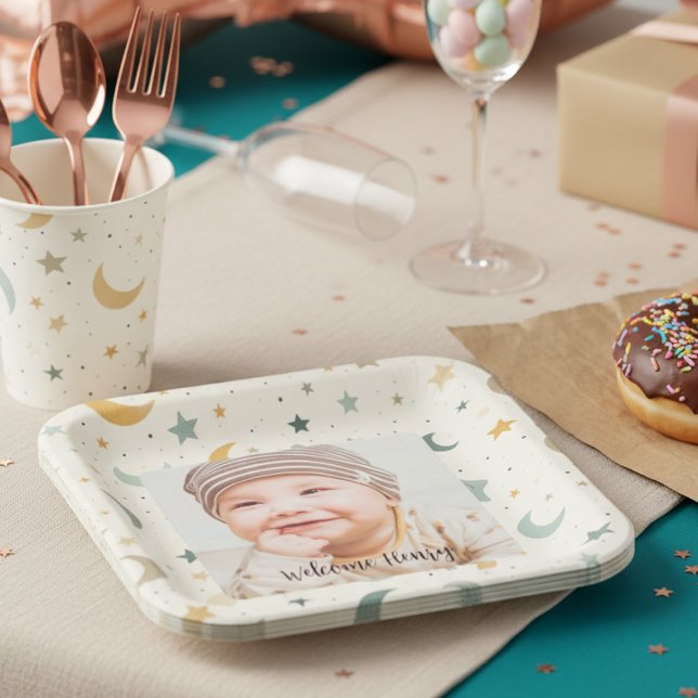 Adoption Baby Dusche Foto Papierfächer Teller (Personalized Boho baby shower photo paper plate )