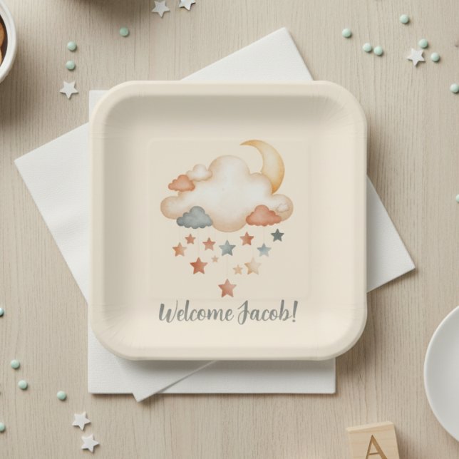 Adoption Shower – Dreamy Star Welcome Pappteller (Personalized baby shower paper plate)
