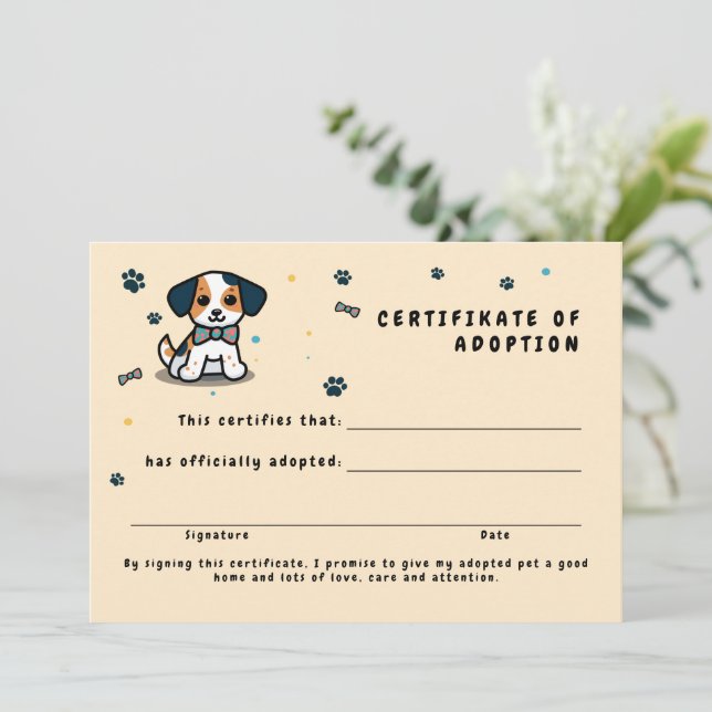 Adoption-Zertifikat kawaii Welpe Einladung (Stehend Vorderseite)