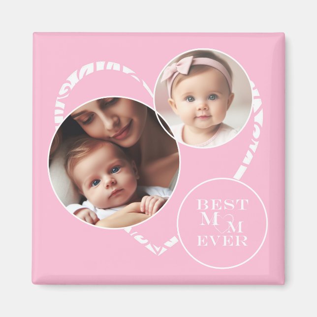 Adorable 3-Foto "Best Mama Ever" Rosa, weißes Herz Magnet (Vorne)