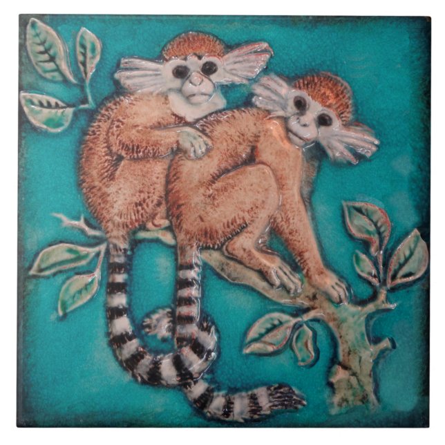Adorable Affen Majolica Repro Deutsch Antiquitäten Fliese (Vorderseite)
