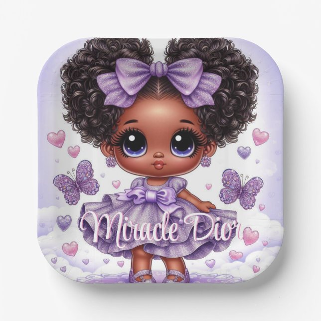 Adorable Afro Puff Baby Girl Pastel Lila Pappteller (Vorderseite)
