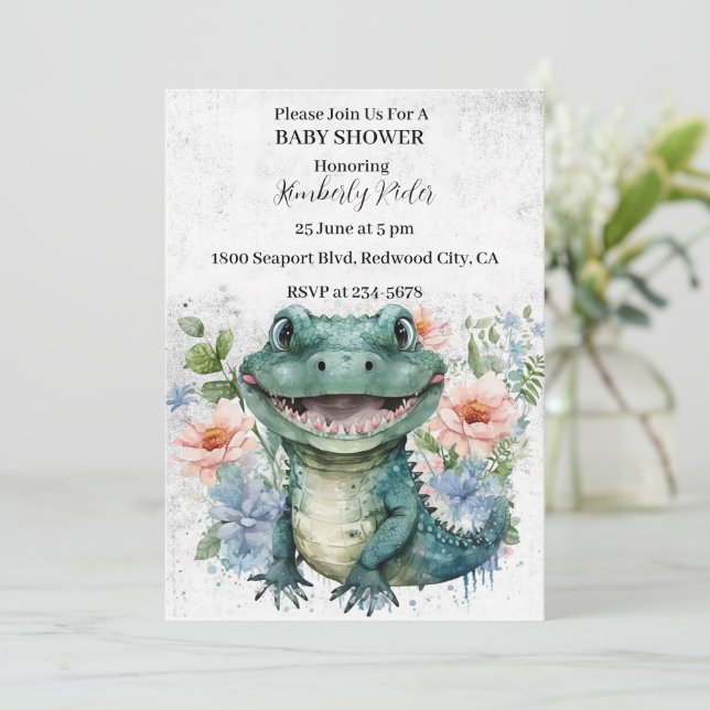 Adorable Alligator Babydusche Einladung (Stehend Vorderseite)