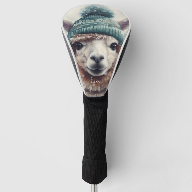Adorable Alpaka mit blauen Mützen Golf Headcover (Vorderseite)