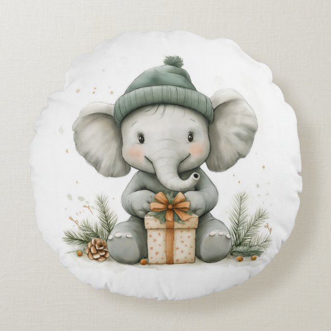 Adorable Animal Christmas Series Baby Elephant Rundes Kissen (Vorderseite)