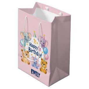 Adorable Animals Happy 1. Geburtstag Geschenktasch Mittlere Geschenktüte