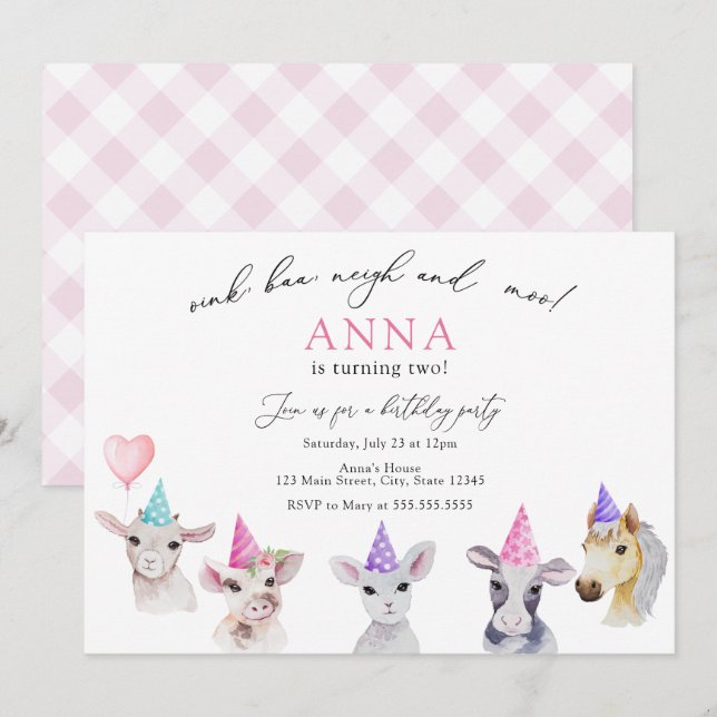 Adorable Animaux de ferme Fille Invitation d'anniv (Devant / Derrière)