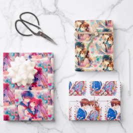 Adorable Anime Boy and Girl Red Hearts Geschenkpapier Set