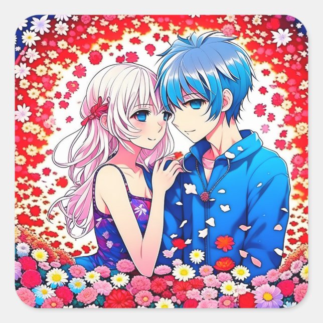 Adorable Anime Couple Romantic Quadratischer Aufkleber (Vorderseite)