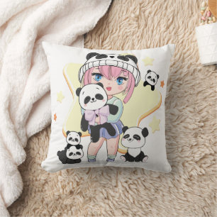 Adorable Anime Girl umgeben von Panda Toys Kissen