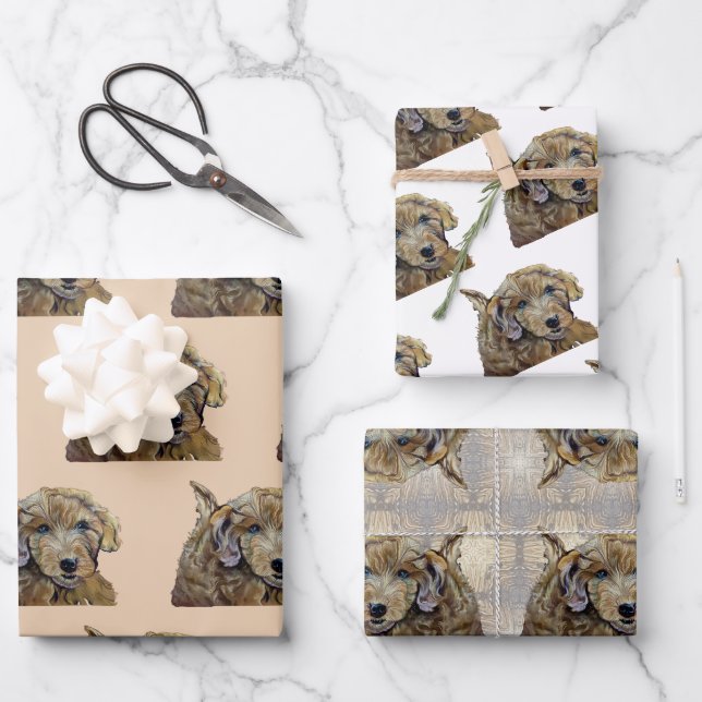 Adorable Apricot Goldendoodle Welpenpastel Zeichne Geschenkpapier Set (Vorderseite)