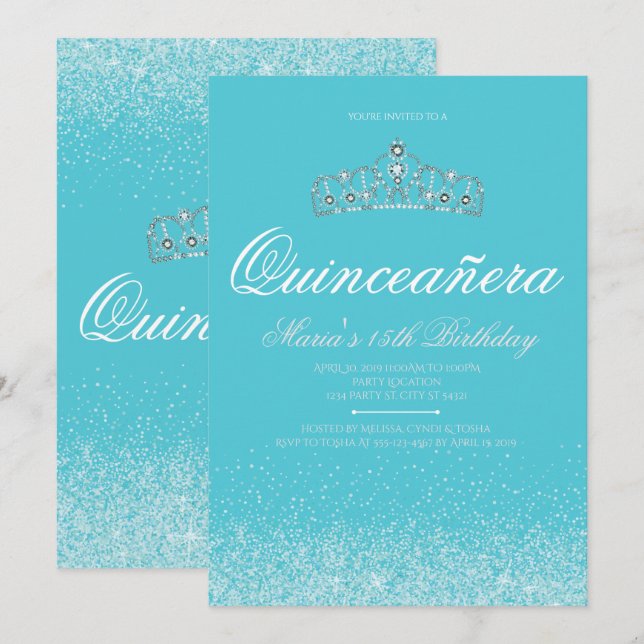 Adorable Aqua Glitzer, Einladungen zur Quinceanera (Vorne/Hinten)