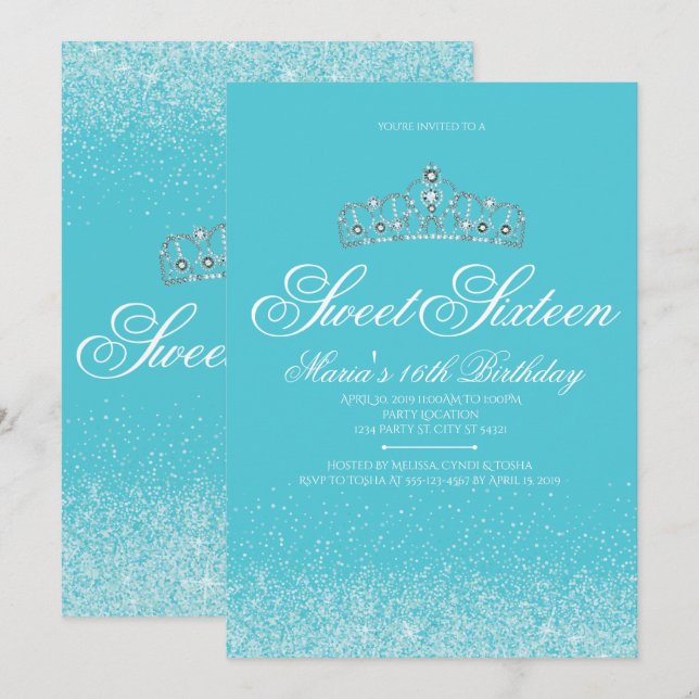 Adorable Aqua Glitzer, Sweet 16 Einladungen (Vorne/Hinten)