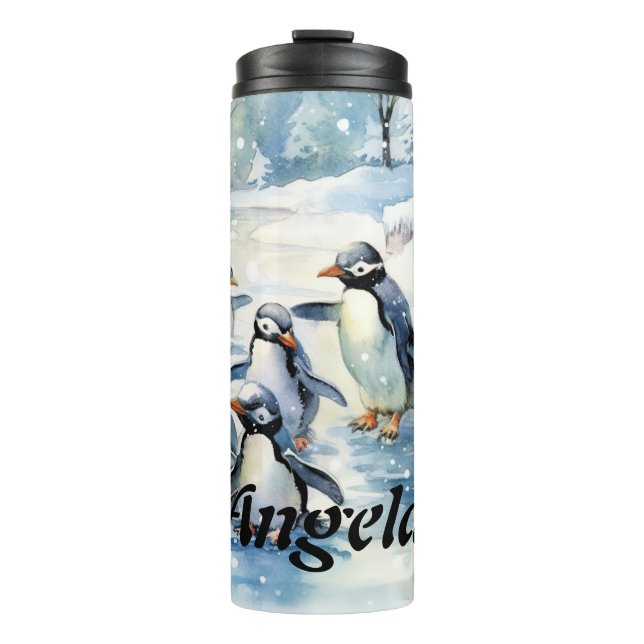 Adorable Aquarellpinguine auf Eis Thermosbecher (Vorderseite)