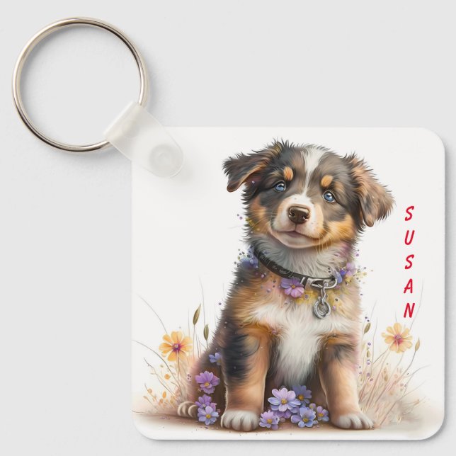 Adorable Australian Shepherd Puppy Dog Schlüsselanhänger (Vorderseite)
