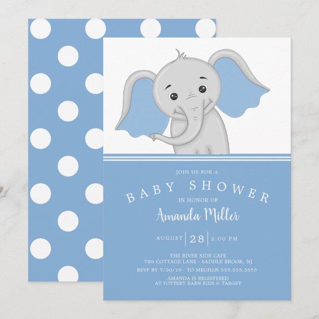 Adorable Baby Boy Elephant Baby Dusche Einladung (Vorne/Hinten)